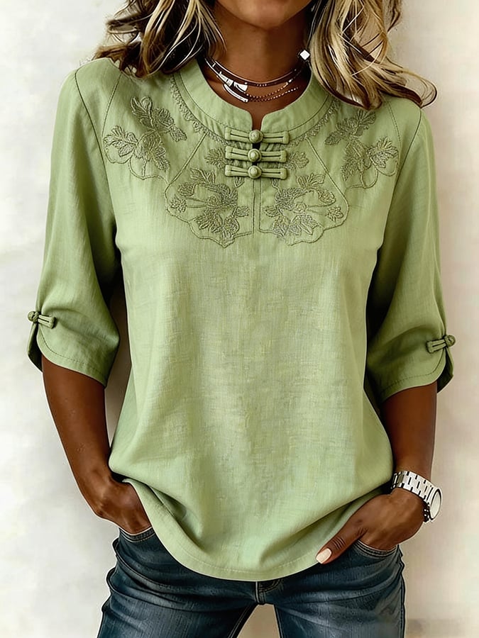 Myrvella - Top femme brodé col rond style naturel coton lin