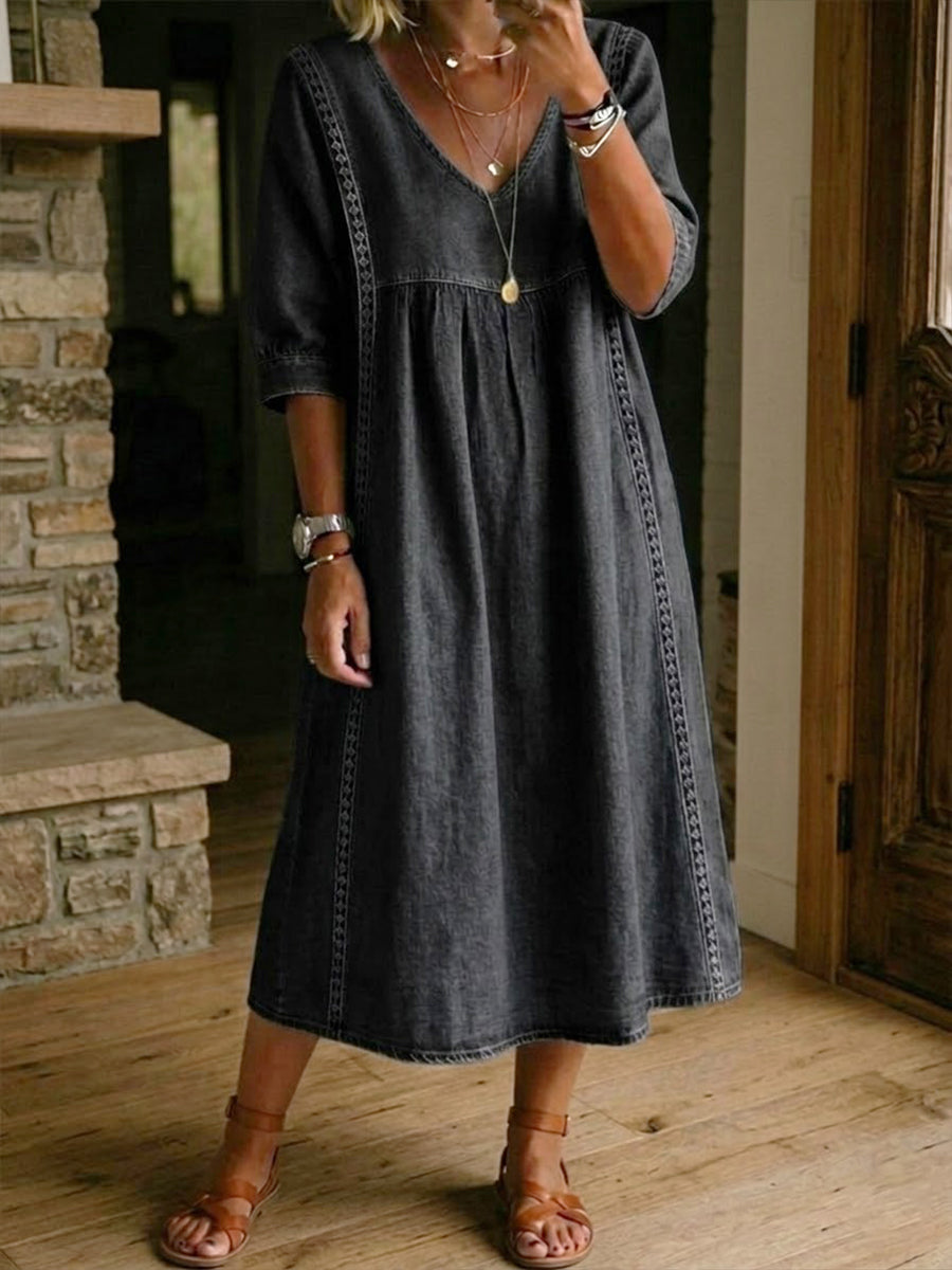 Fyntra - Robe femme denim fluide col V dentelle style décontracté élégant