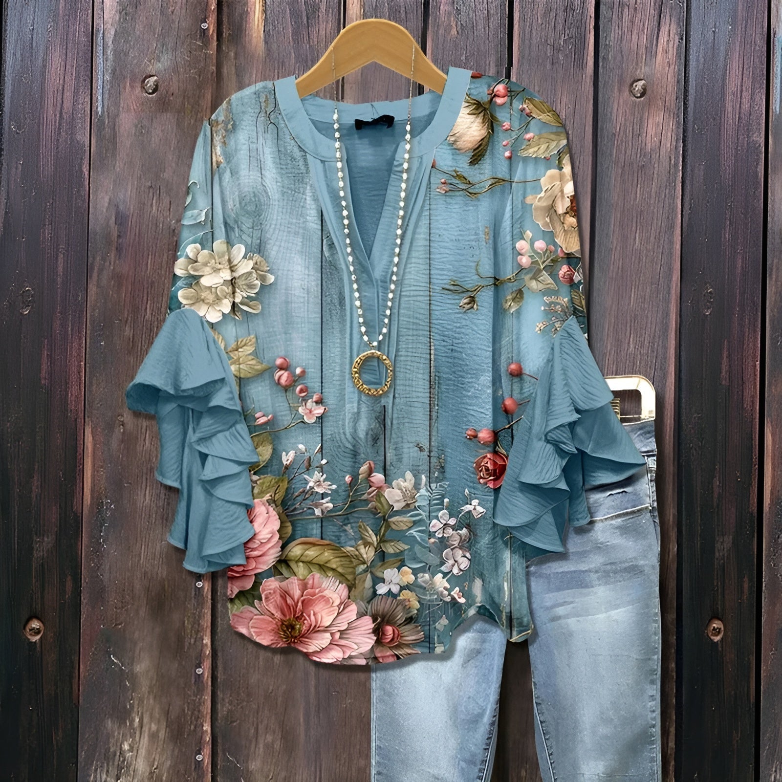 Elyara - Blouse décontractée avec motif de feuilles