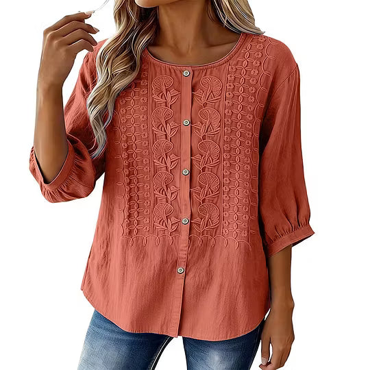 Sorivelle - Blouse brodée femme en coton et lin à manches 3/4