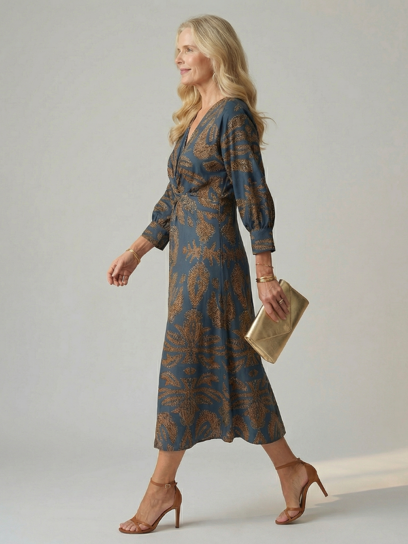 Falune - Robe femme midi croisée imprimée taille cintrée élégante
