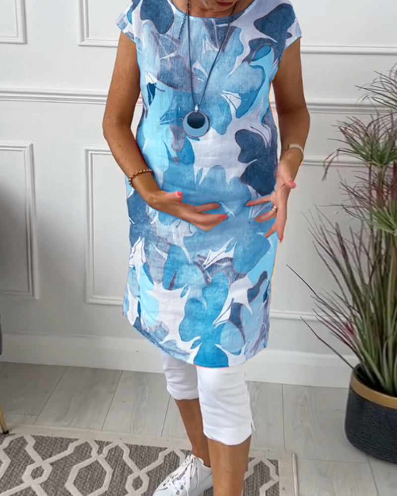 Anita - Robe femme imprimée verte fluide à manches courtes et coupe ample