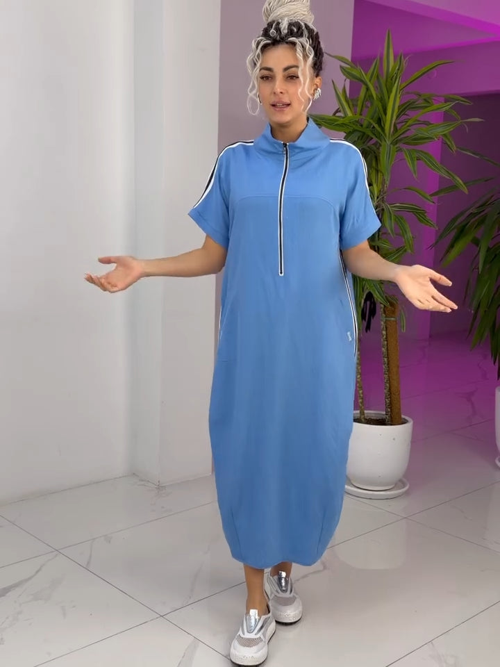 Gavrixa - Robe femme longue zippée col montant coupe fluide style sport chic confortable