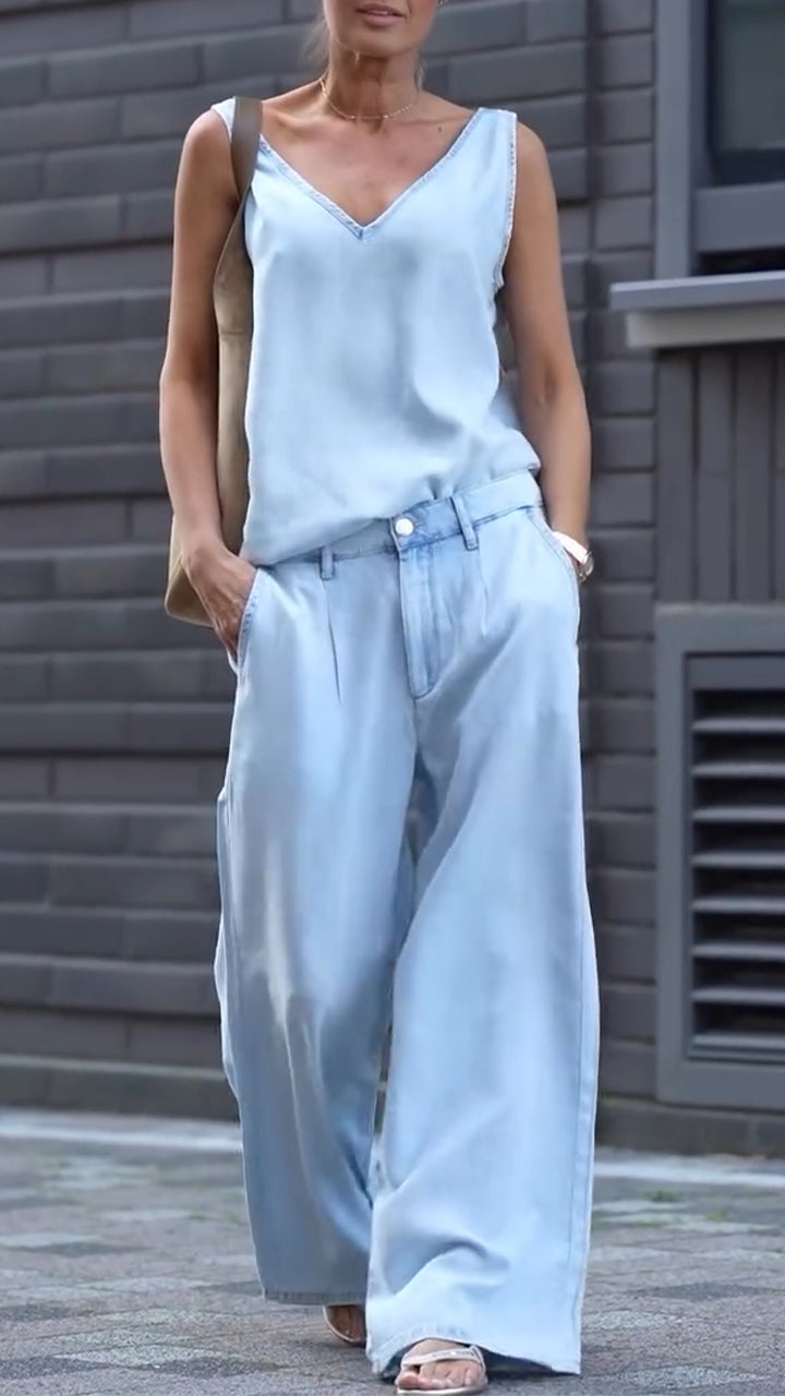 Maravelle - Ensemble féminin décontracté décolleté en V sans manches en denim Tencel