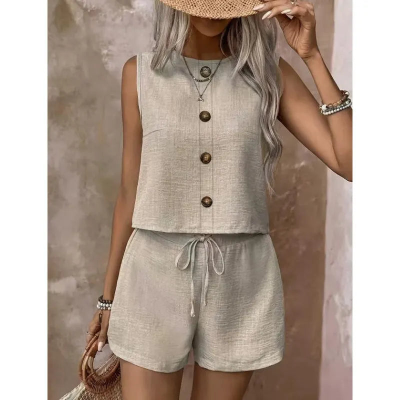 Fynoria - Ensemble femme top sans manches et short à boutons