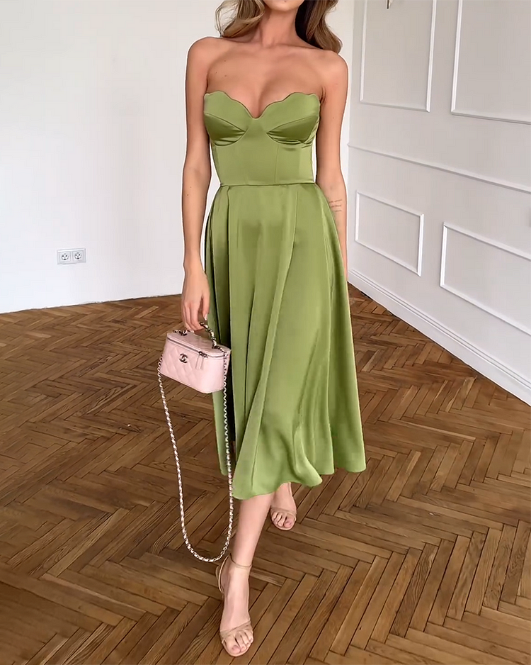 Glyvenza - Robe midi femme satinée sans bretelles élégante et raffinée