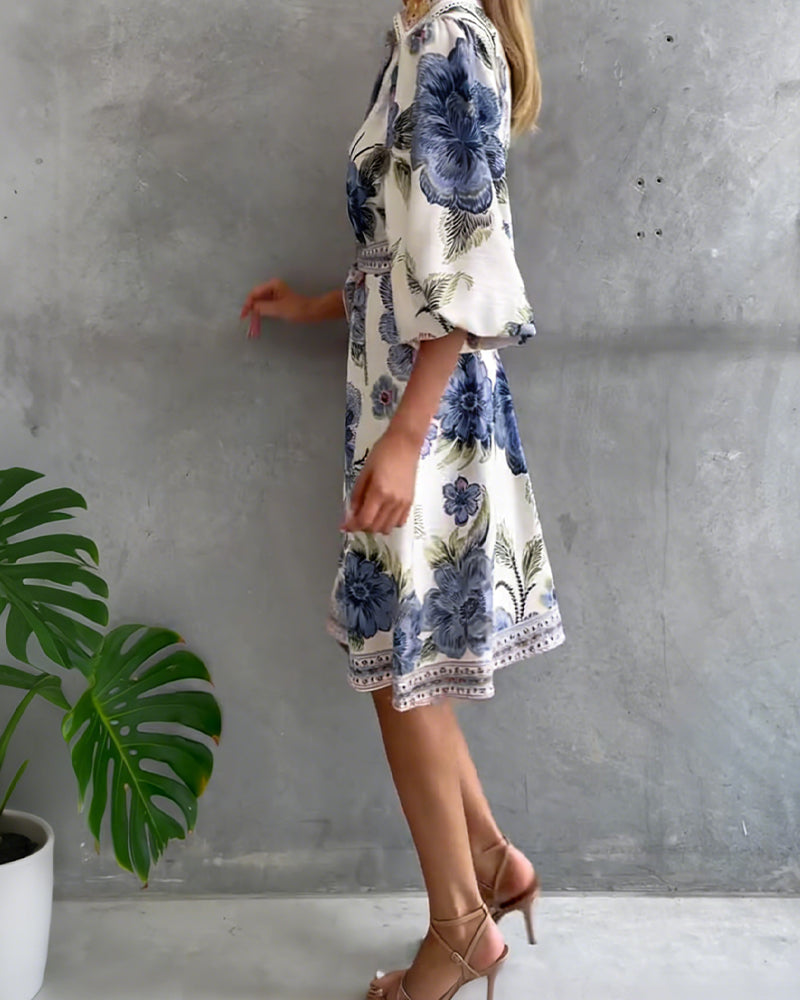 Glyssara - Robe florale élégante femme à manches lanterne et boutons