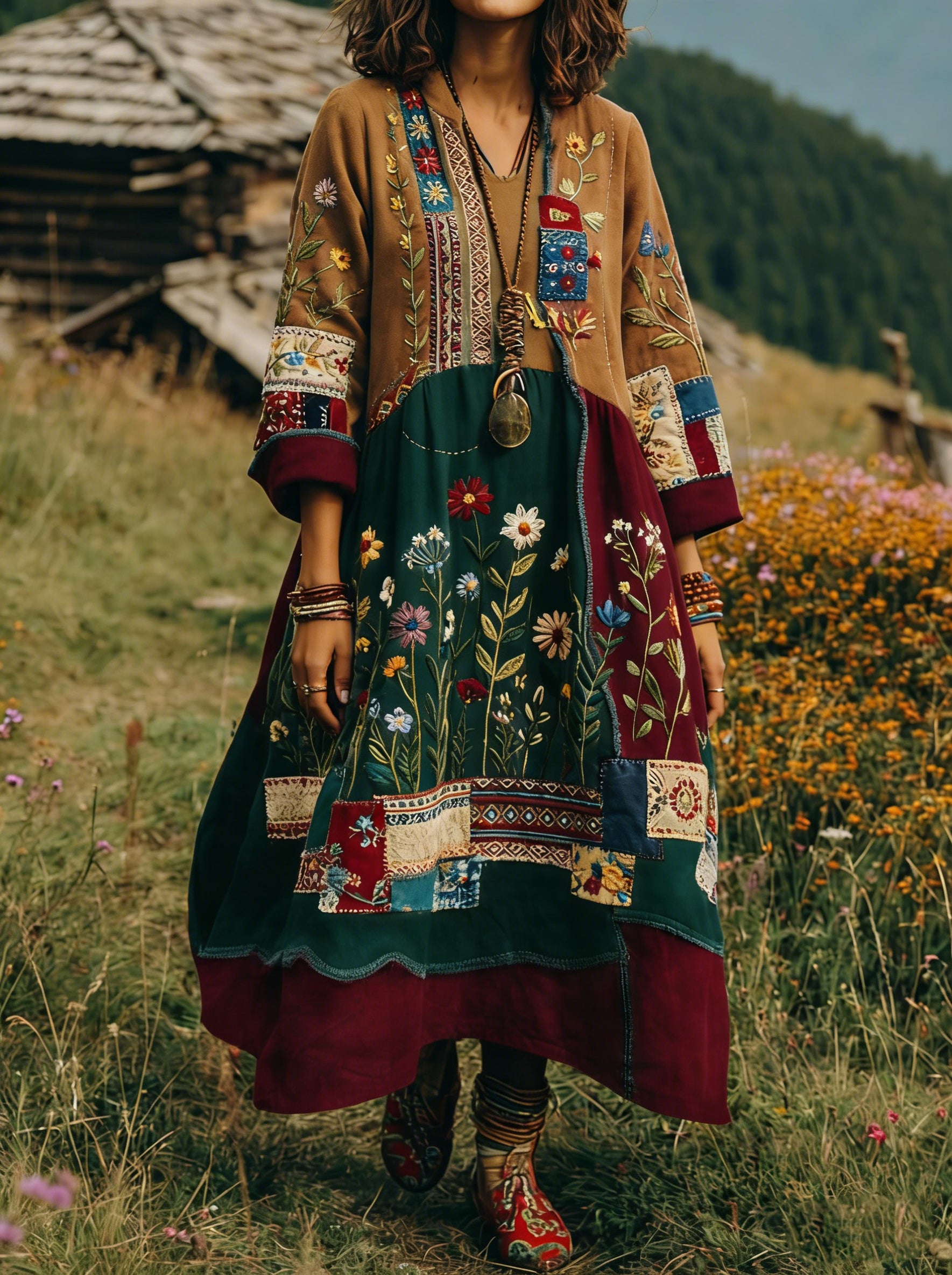 Loxira - Robe Femme Bohème Patchwork Brodée Style Ethnique Élégant
