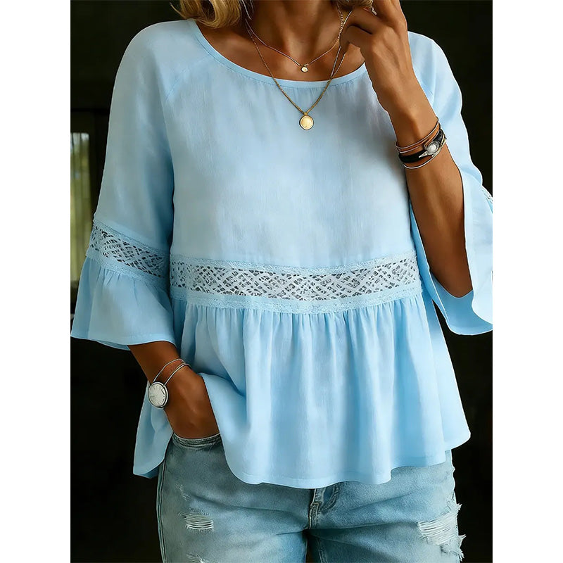 Evarielle - Blouse femme dentelle et basque avec manches volantées
