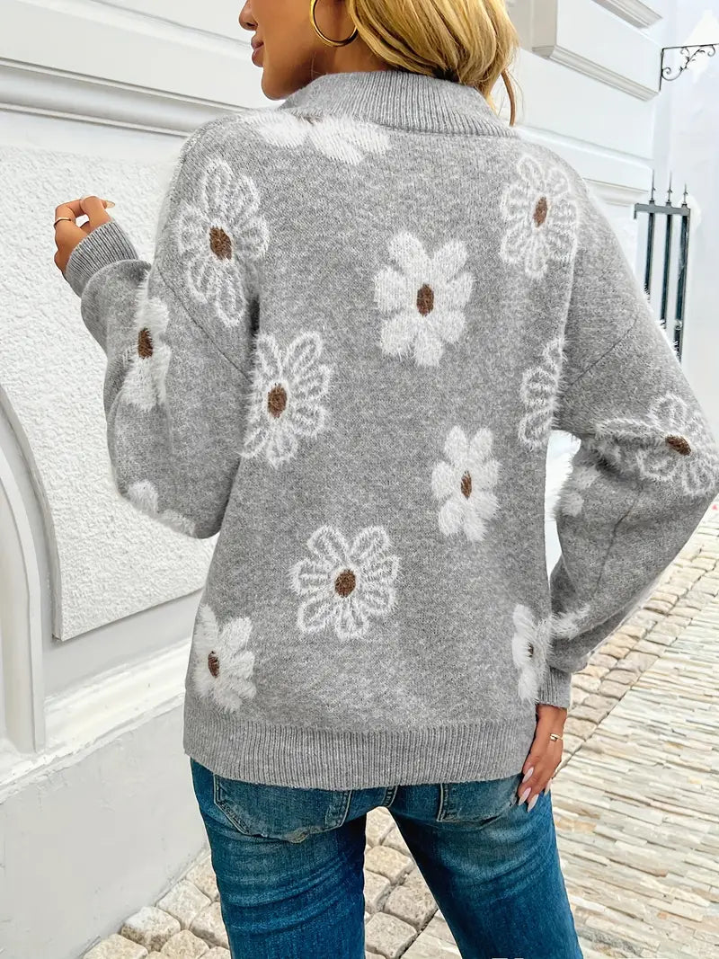 Pauline - Sweater à zip floral à épaules tombantes