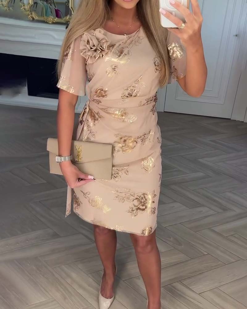Dorevina - Robe femme élégante imprimée florale avec manches courtes et taille ajustée