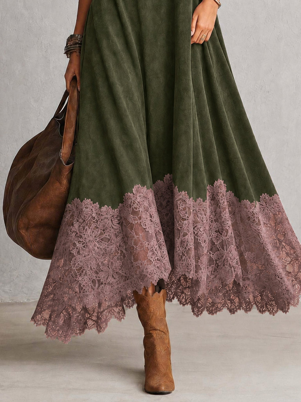 Gonneke - Robe femme longue effet suédé avec dentelle