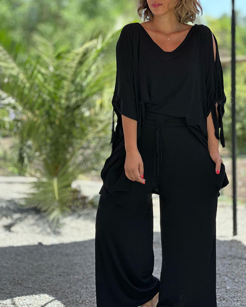Ginevra - Ensemble décontracté deux pièces à décolleté en V et pantalon à jambes larges