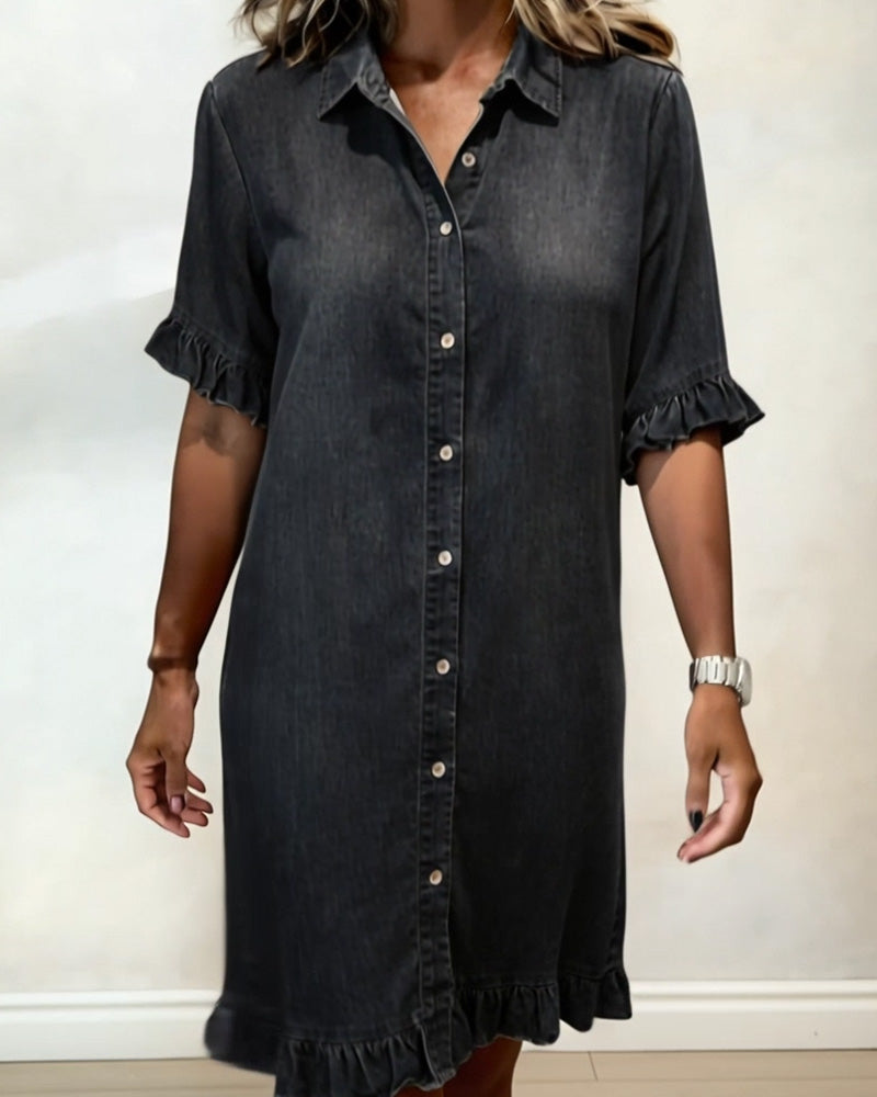 Glytha - Robe Femme Denim Boutonnée Manches Volants Coupe Droite Décontractée