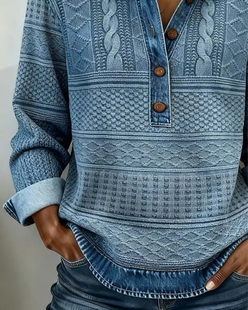 Gwenoriah - Pull Moderne à Demi-Boutonnage – Style Denim Chic
