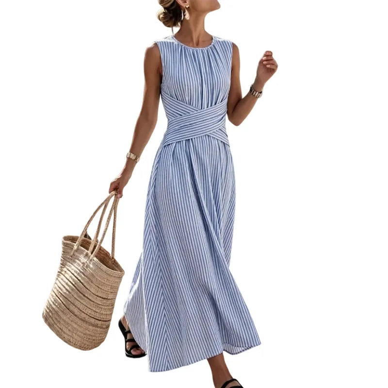 Caliane - Robe maxi femme sans manches à rayures taille croisée