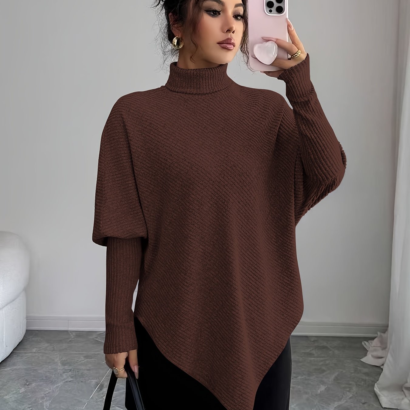 Ilyssa - Pull Asymétrique Col Montant Élégance Moderne