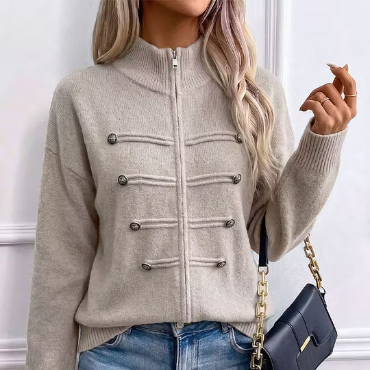 Teuntje - Women's knit cardigan with high neck, zip, and decorative buttons