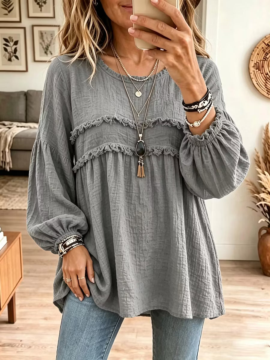 Noëlie - Women's loose-fit babydoll tunic with ruffles and balloon sleeves