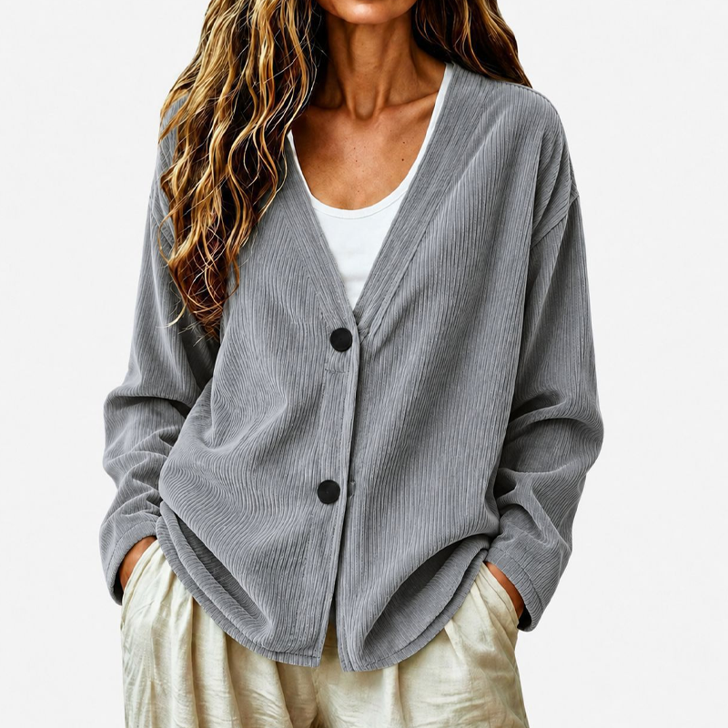 Priscilla - Cardigan femme côtelé à col V coupe ample