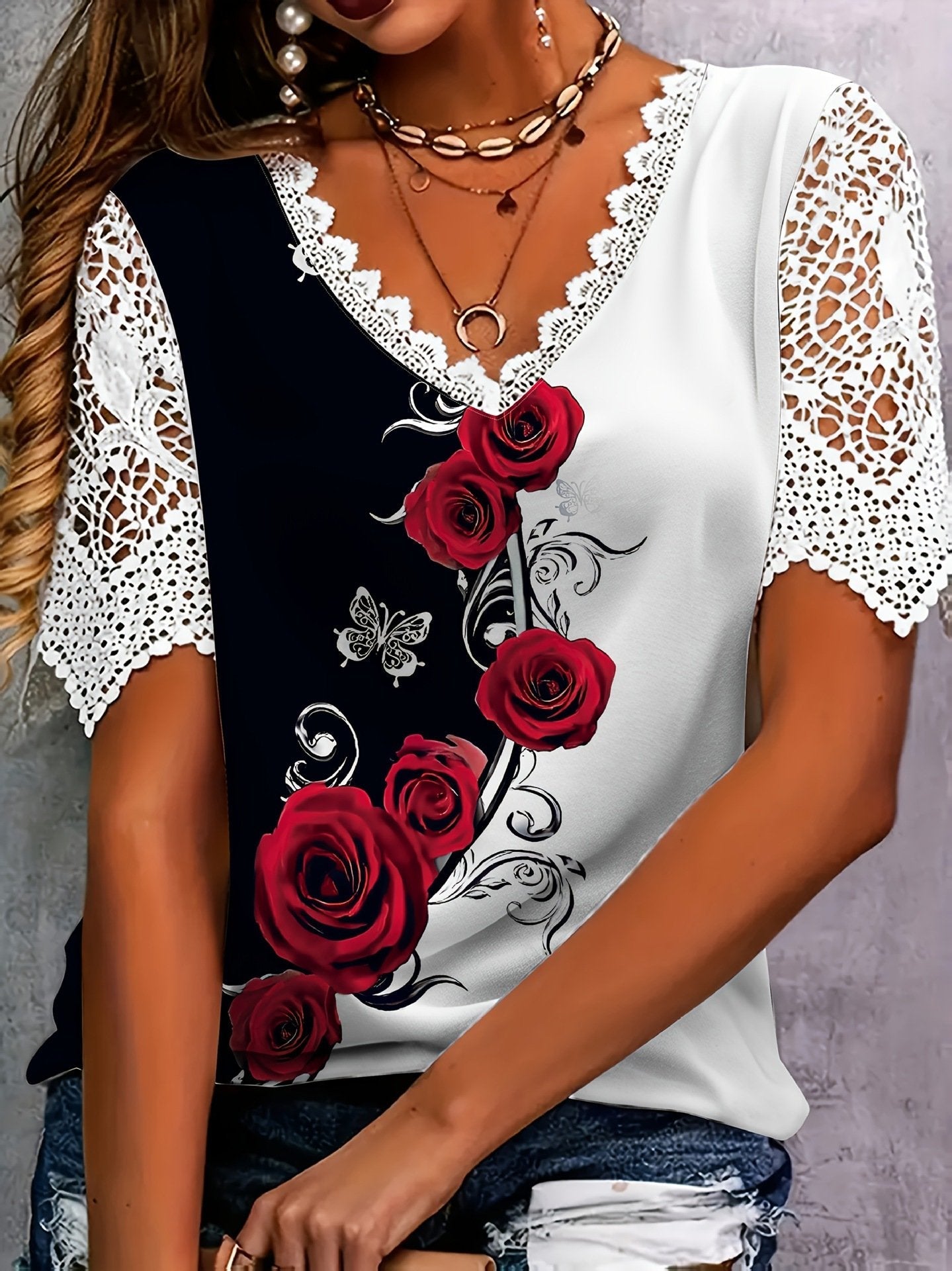 Myressa - Top femme floral à col V et manches en dentelle