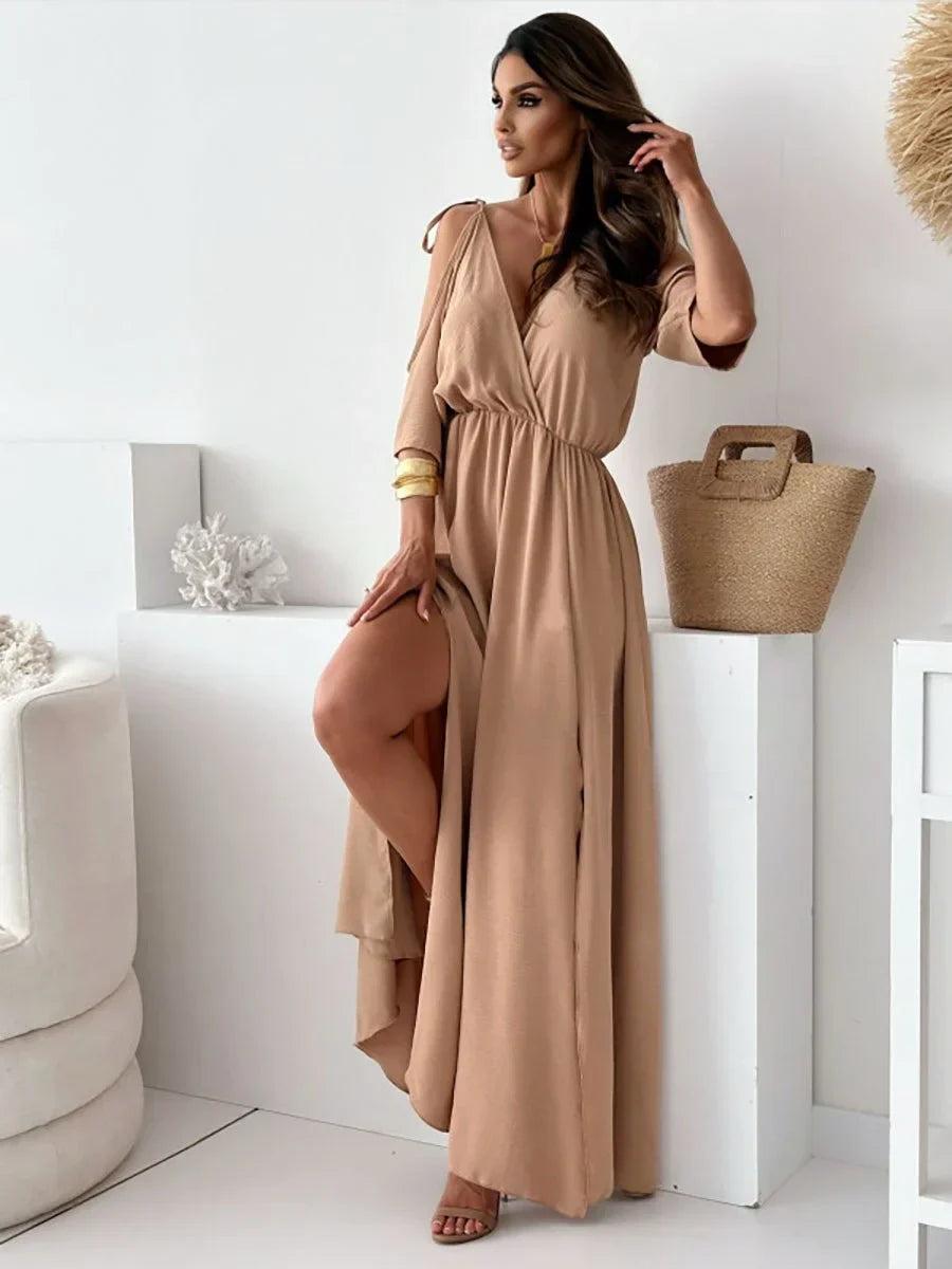 Rovenza - Robe maxi femme épaules dénudées avec fente élégante