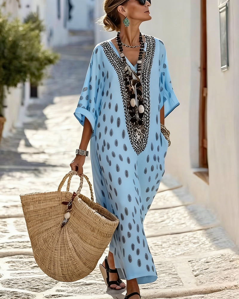 Hynovia - Robe femme maxi kaftan imprimé pois col V bordure ethnique