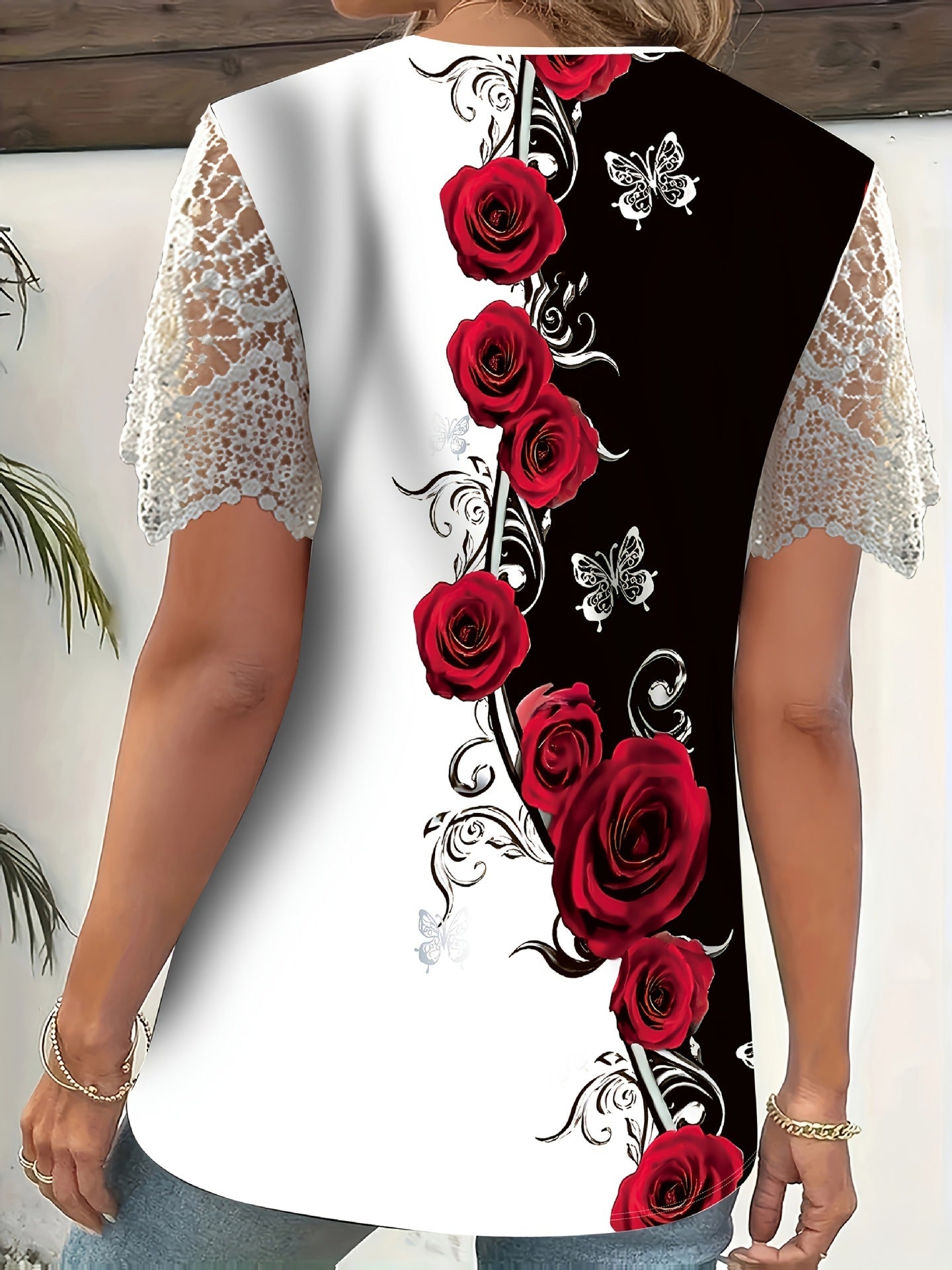 Myressa - Top femme floral à col V et manches en dentelle