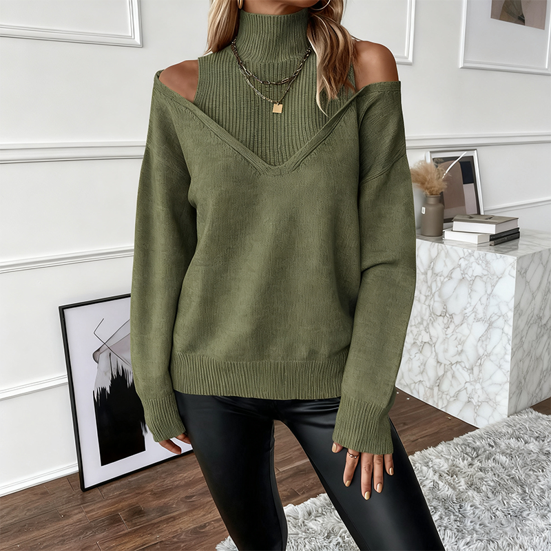 Avenelle - Pull Femme Audacieux En Laine Avec Col Montant Et Épaules Dénudées