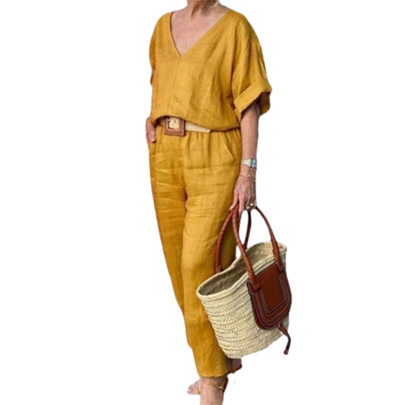 Loxaria - Ensemble femme haut col V pantalon poches style décontracté