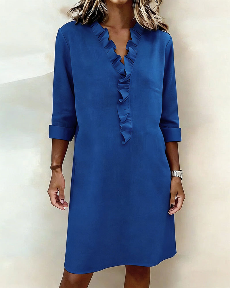 Ophivyn - Robe femme col V à volants coupe droite style décontracté