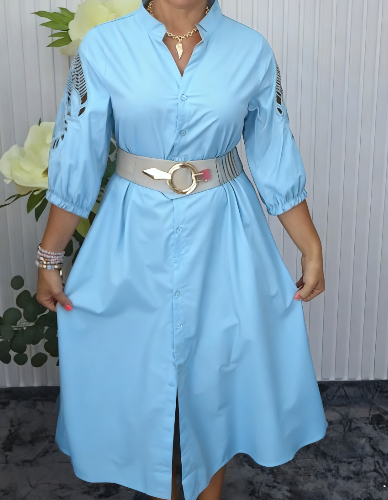 Mavellea - Robe femme chemise élégante avec ceinture coupe fluide midi