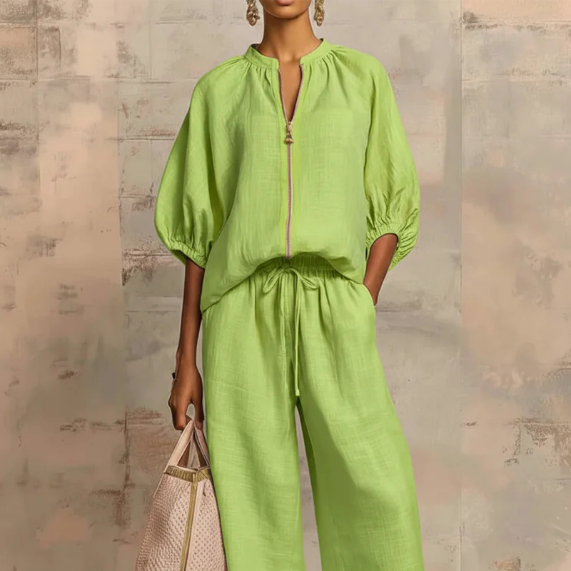 Calyndra - Ensemble femme deux pièces uni avec haut zippé et pantalon large