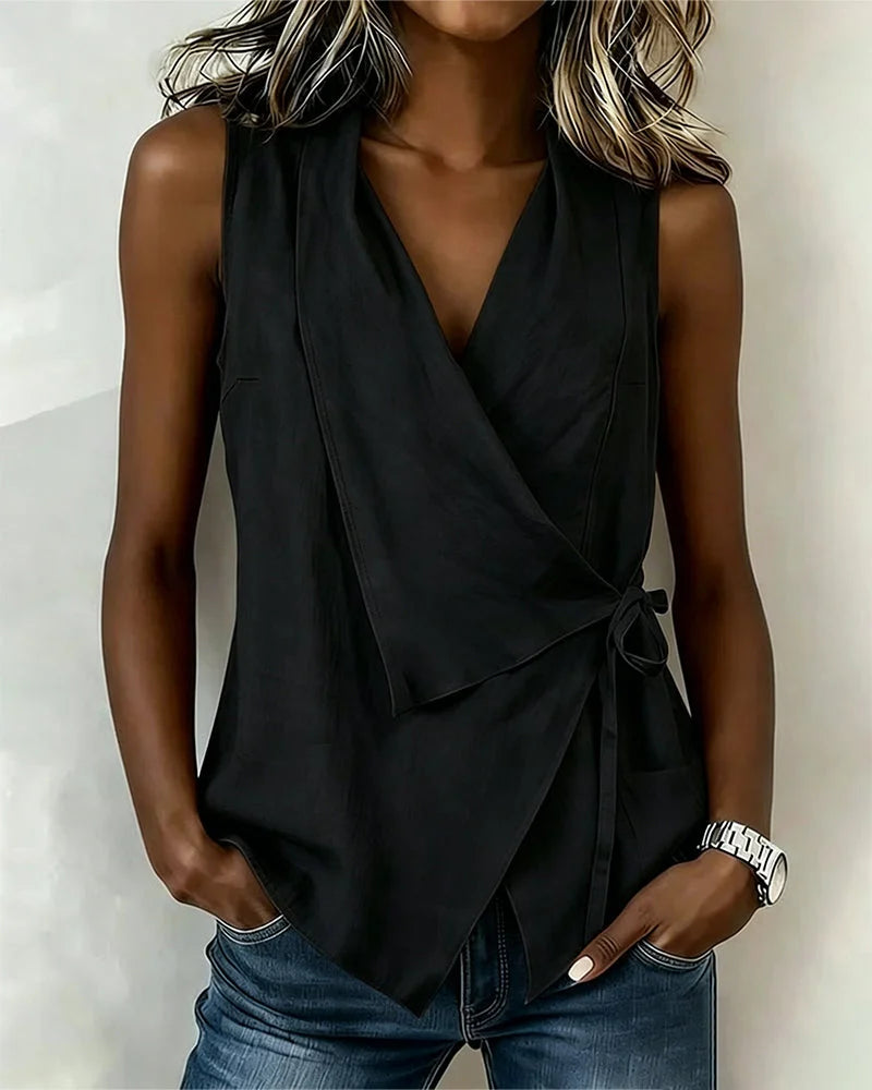 Sylethra - Top femme cache-cœur asymétrique sans manches été léger