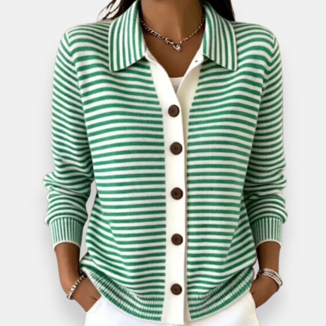 Lauriane - Cardigan femme rayé boutonné avec col classique