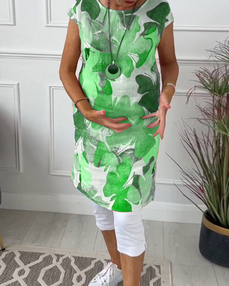 Anita - Robe femme imprimée verte fluide à manches courtes et coupe ample