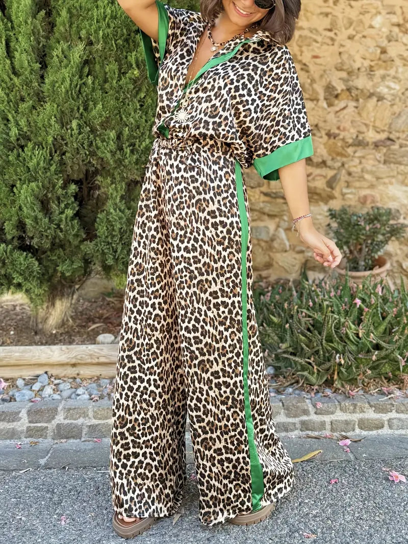 Cyra - Ensemble Imprimé Léopard avec Pantalon à Jambes Larges