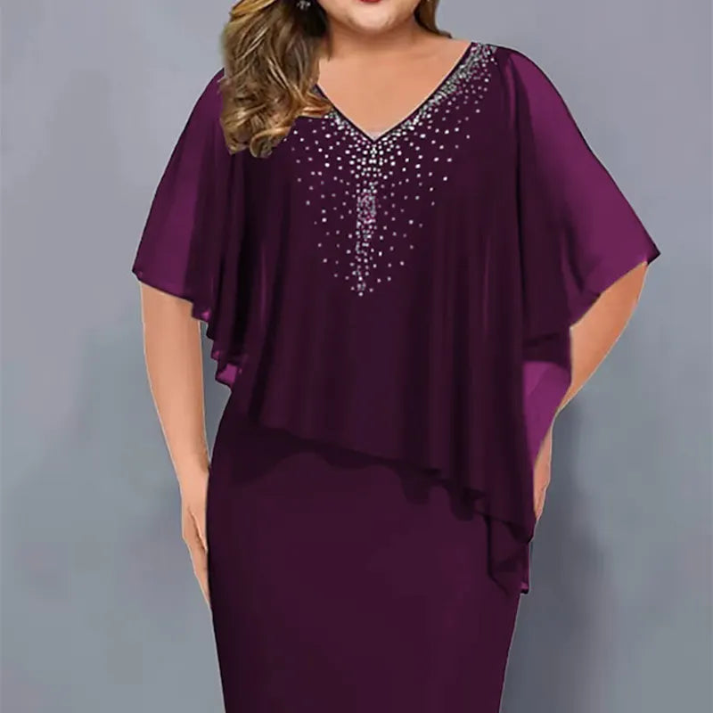 Lorenne - Robe cape femme avec strass et superposition en mousseline