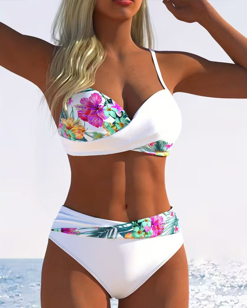 Draxina - Bikini femme imprimé floral contrasté à fines bretelles