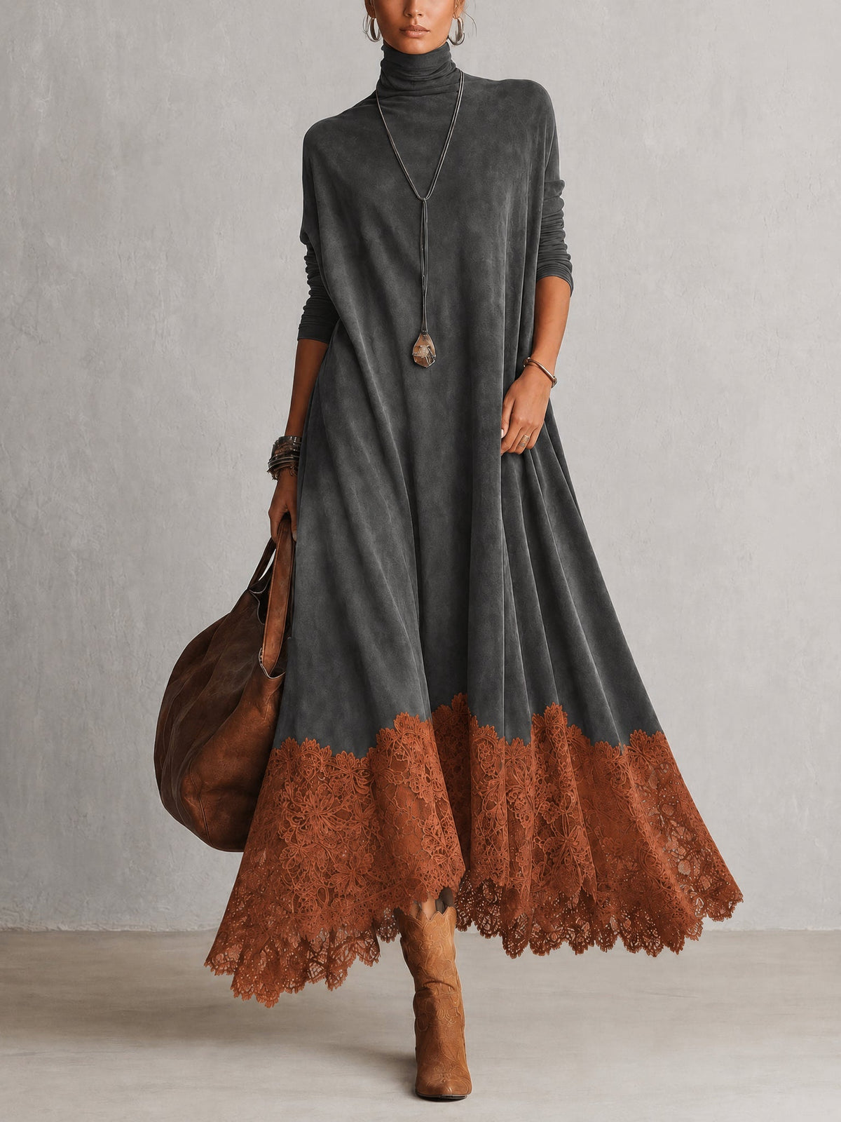 Gonneke - Robe femme longue effet suédé avec dentelle