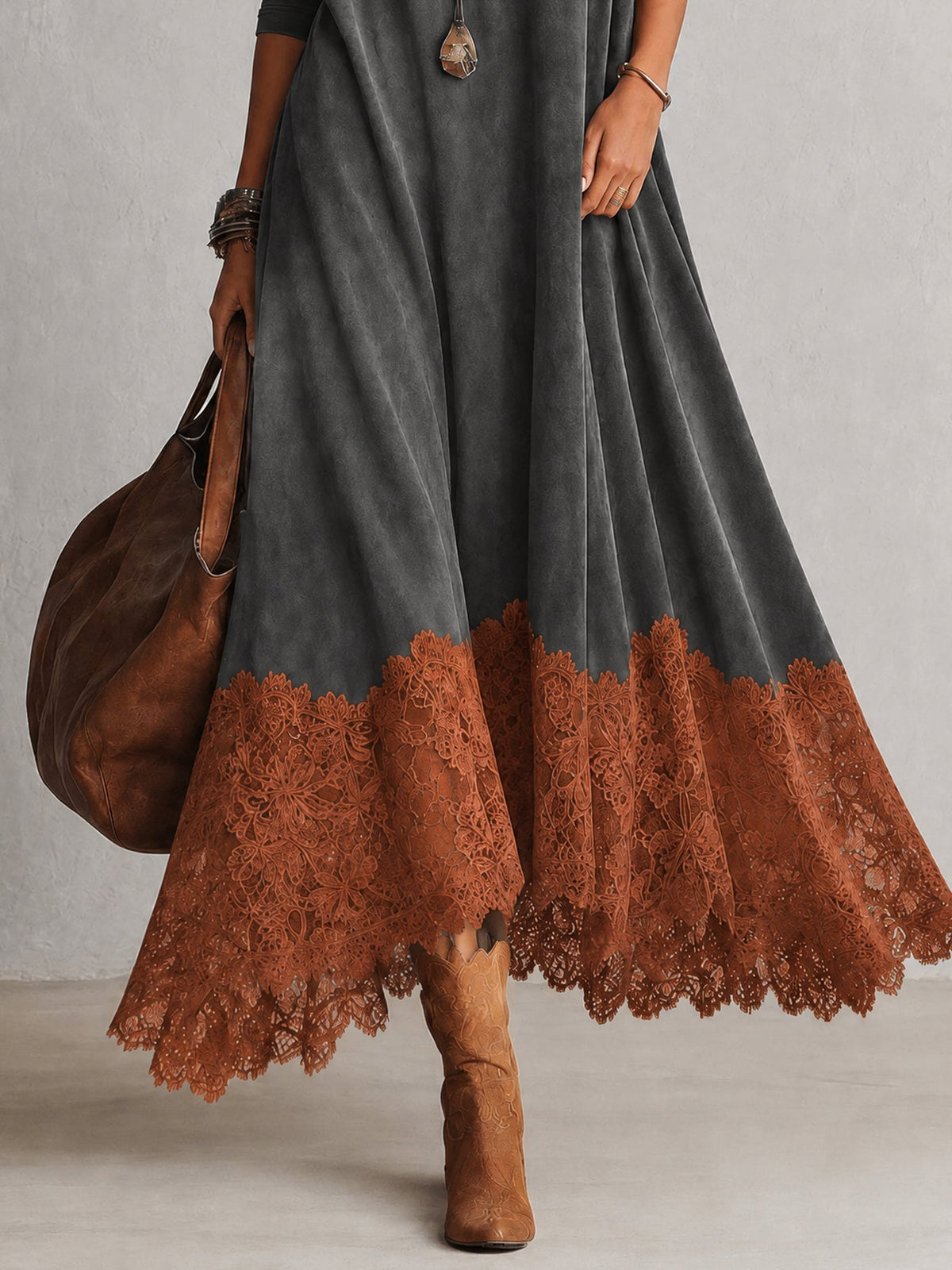 Gonneke - Robe femme longue effet suédé avec dentelle