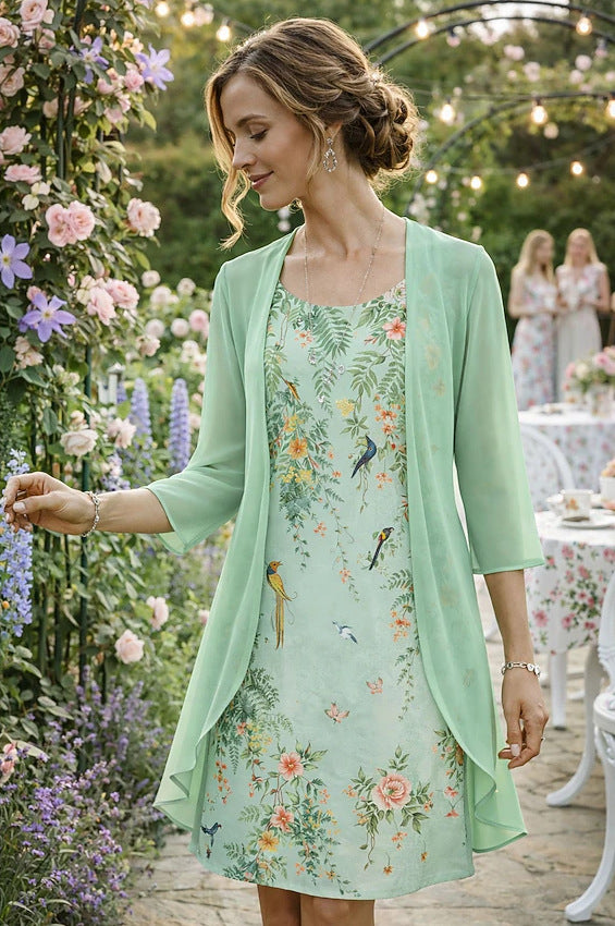 Ilynessa - Ensemble femme robe en chiffon avec cardigan léger