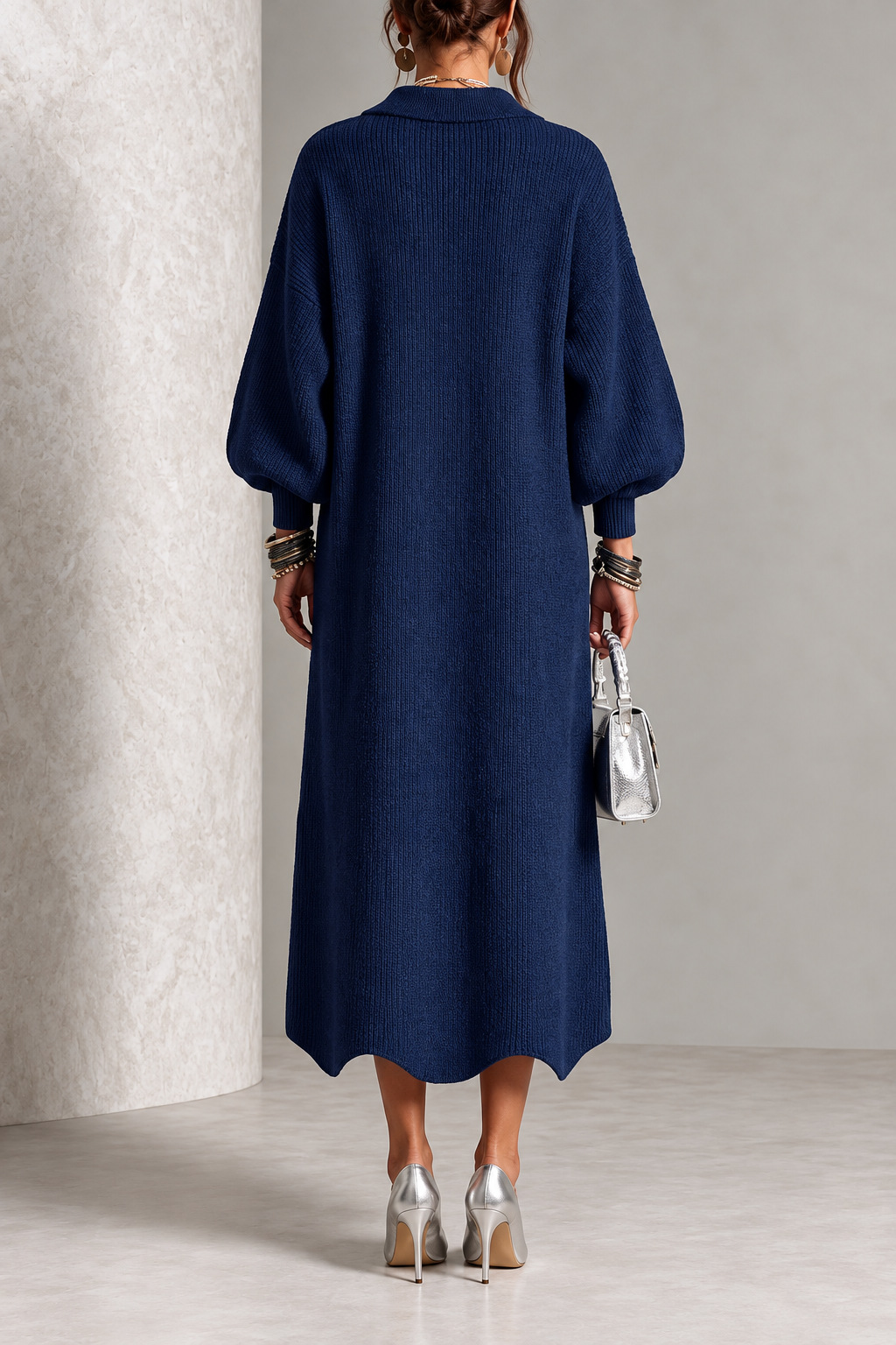 Bregt - Robe midi femme en maille avec boutons dorés