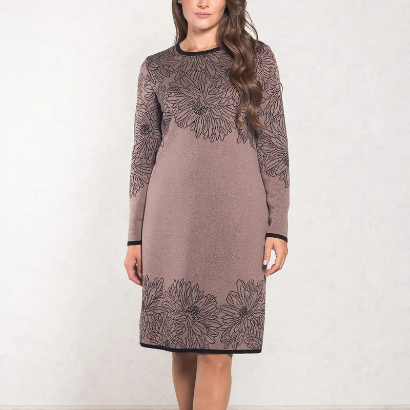 Rhoselavessa - Robe Simple Imprimée À Manches Longues Et Décolleté En V