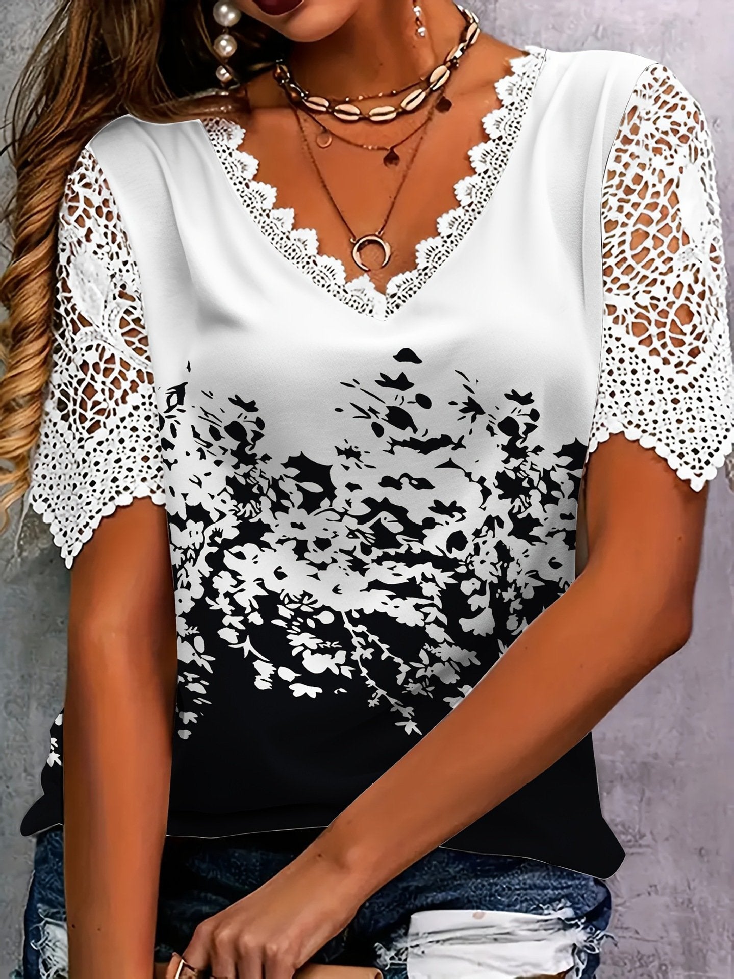 Myressa - Top femme floral à col V et manches en dentelle