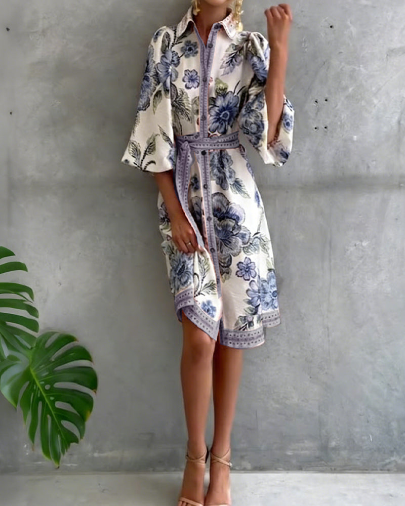 Glyssara - Robe florale élégante femme à manches lanterne et boutons