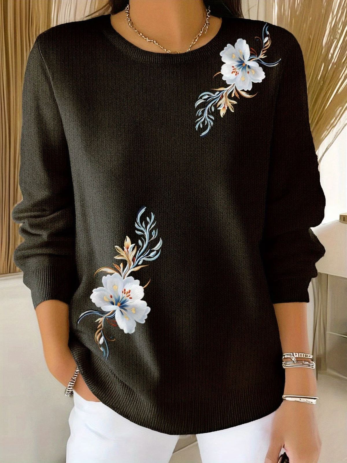 Yenthe - Pull femme à fleurs imprimées et col rond