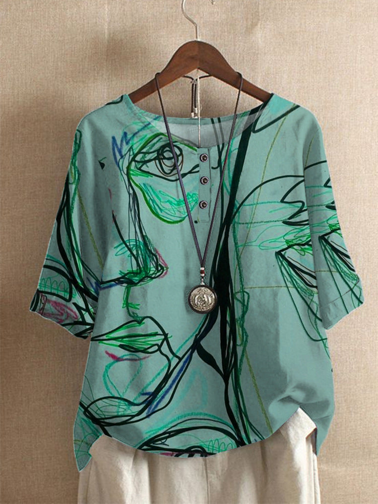Averitha - T-shirt femme artistique imprimé à manches 3/4 et col rond