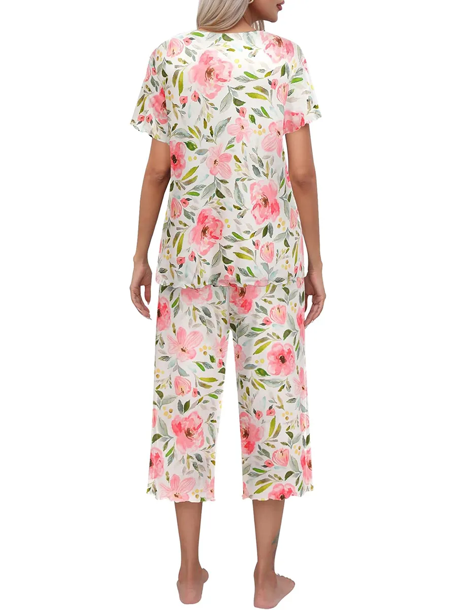 Olivine - Ensemble d'intérieur pour femme à manches courtes avec pantalon capri – idéal pour se détendre à la maison avec style