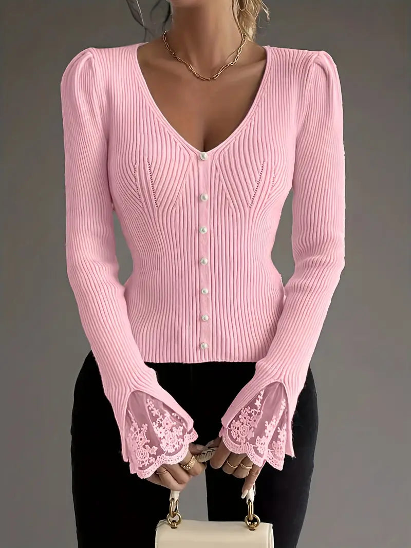 Noralissa - Pull Élégant à Dentelle et Décolleté V